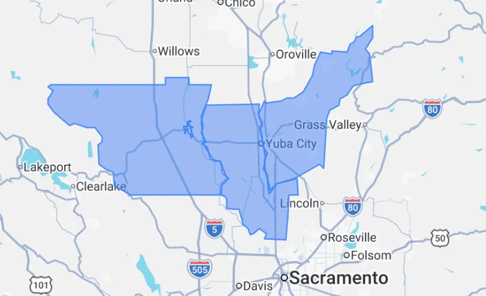 Map of the service area around Yuba City, covering Yuba, Sutter, and neighboring counties